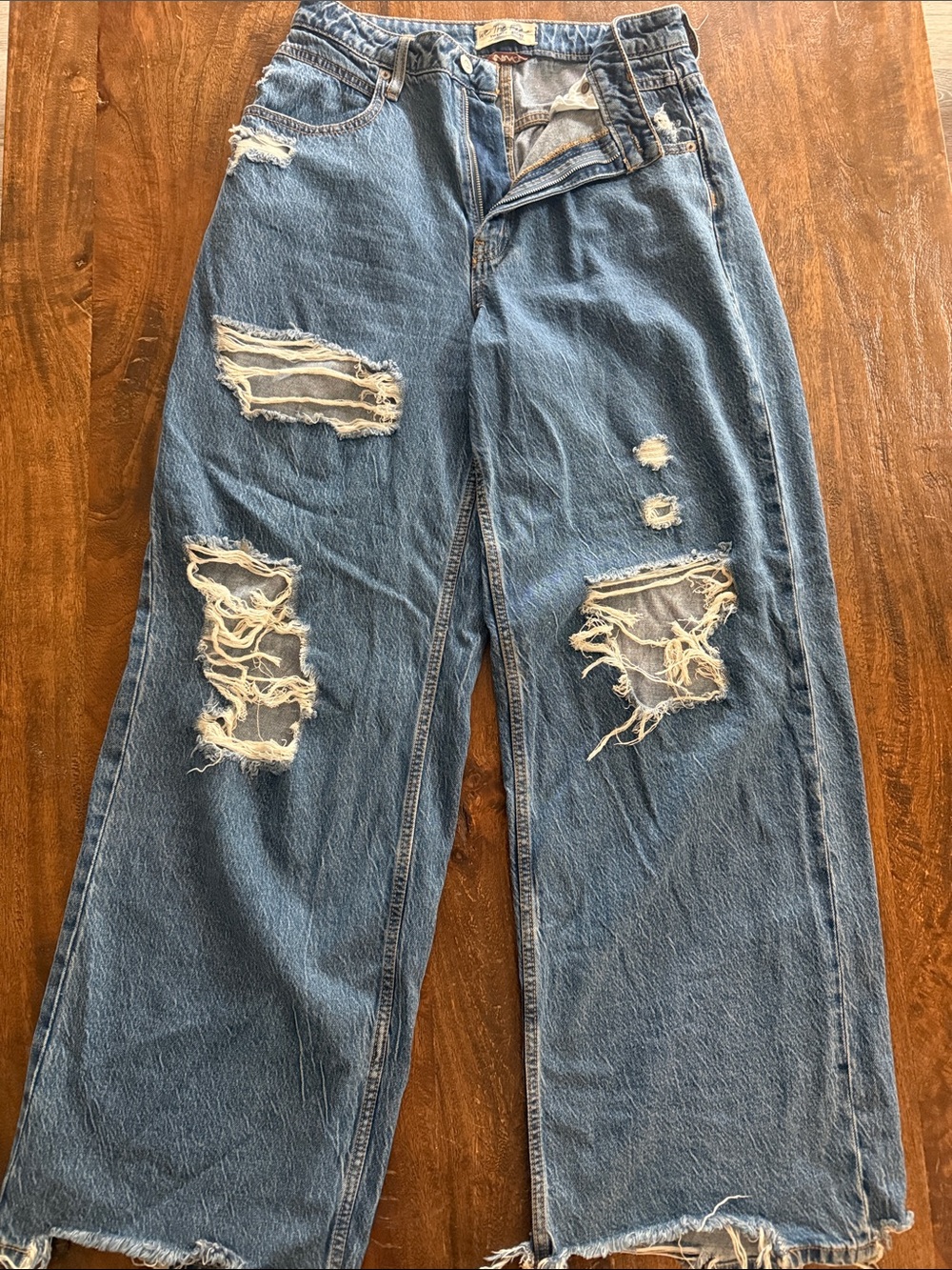 We The Free Distressed Wide-Leg Blue Jeans